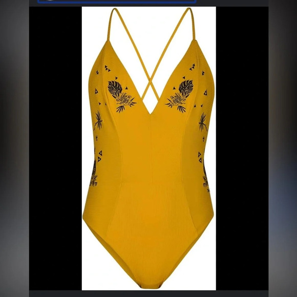 Hurley quick dry ribbed embroidered one piece swimsuit yellow embroidered cheeky - Picture 10 of 10